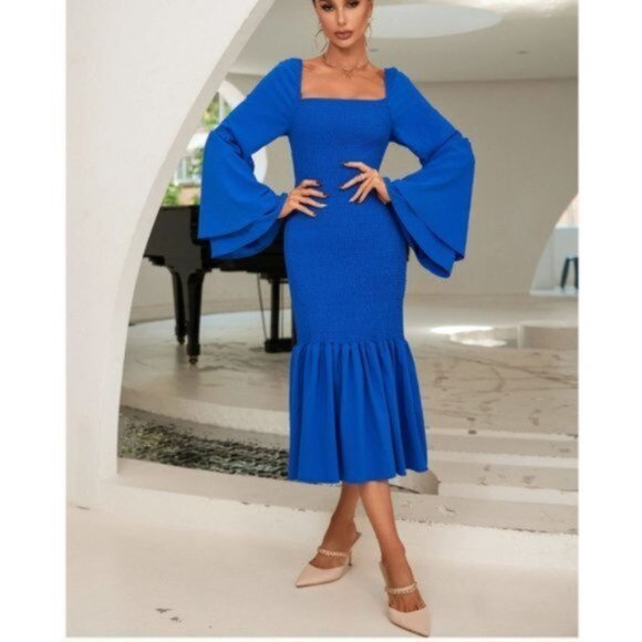 Blue Flounce Sleeve Shirred Mermaid Hem Dress - Picture 1 of 3